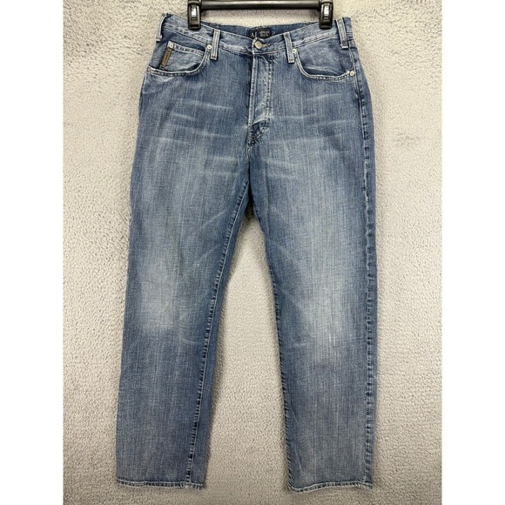 Armani Jeans Mens 34 Blue Distressed Blue Straight Fit Button Fly Denim AJ